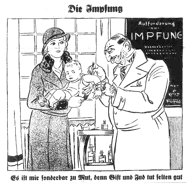 1933 Cartoon from Der Stürmer: Blond German mother looking concerned as a beastly Jewish doctor vaccinates her baby. Caption: "This puts me in a strange mood/Poison and Jews are seldom good."